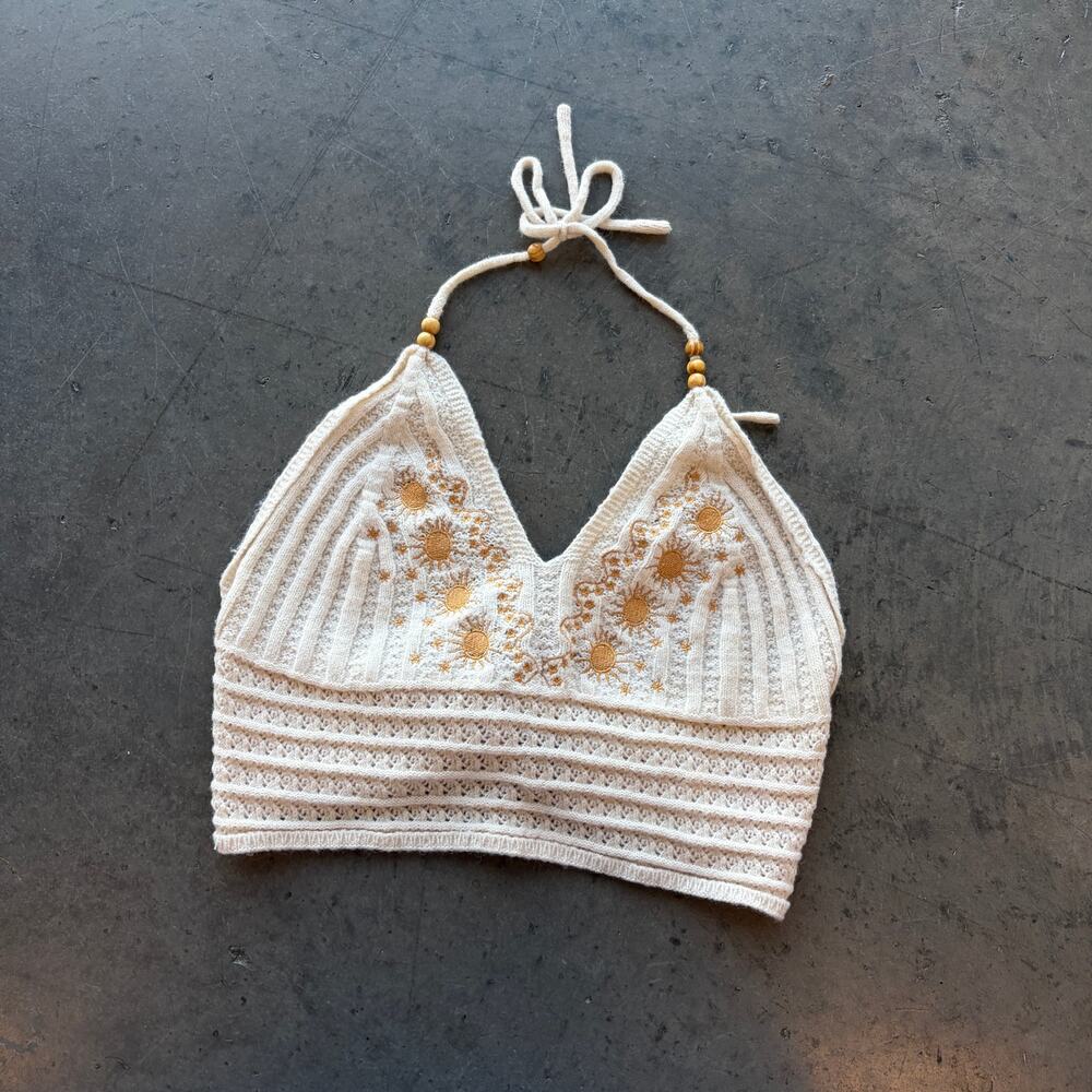 Vintage Y2K Embroidered Sun Open Back Halter Knit Summer Beach White Small